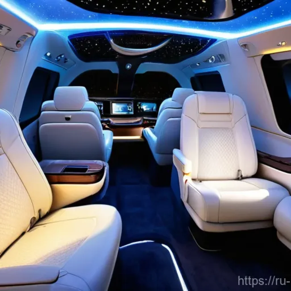 현대 스타리아 리무진 내부 리뷰 - **Prompt: Luxurious "Starry Sky" Interior with Relaxing Passengers**
    "The interior of a Hyundai ...