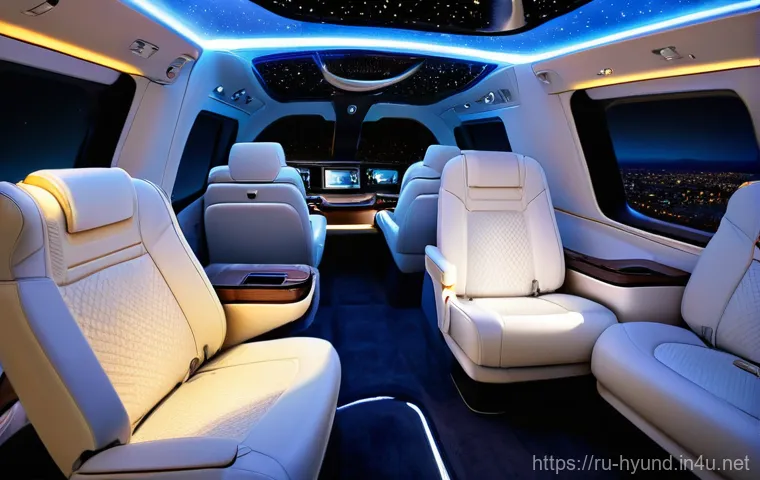 현대 스타리아 리무진 내부 리뷰 - **Prompt: Luxurious "Starry Sky" Interior with Relaxing Passengers**
    "The interior of a Hyundai ...
