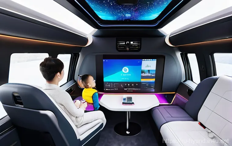 현대 스타리아 리무진 내부 리뷰 - **Prompt: Luxurious "Starry Sky" Interior with Relaxing Passengers**
    "The interior of a Hyundai ...