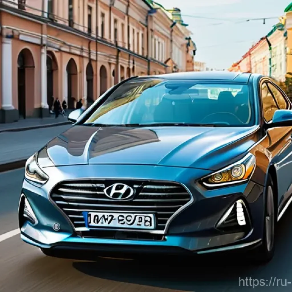 현대 쏘나타 하이브리드 중고차 가치 - A sleek, modern Hyundai Sonata Hybrid (recent model) smoothly navigating a bustling, yet not overly ...