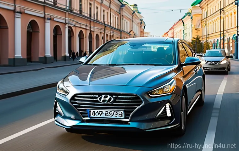 현대 쏘나타 하이브리드 중고차 가치 - A sleek, modern Hyundai Sonata Hybrid (recent model) smoothly navigating a bustling, yet not overly ...
