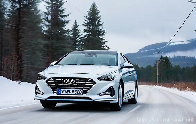 현대 쏘나타 하이브리드 중고차 가치 - A sleek, modern Hyundai Sonata Hybrid (recent model) smoothly navigating a bustling, yet not overly ...