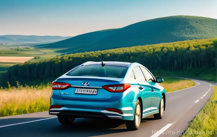 현대 쏘나타 하이브리드 중고차 가치 - A robust Hyundai Sonata Hybrid (recent model) confidently driving on a snow-covered, slightly challe...