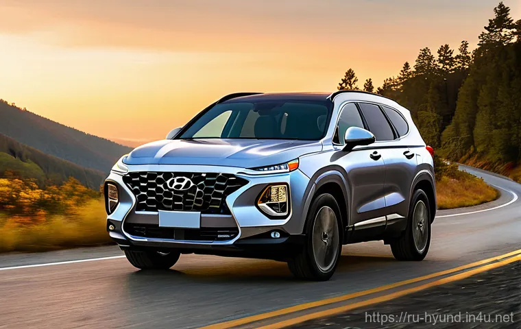 현대 싼타페 풀체인지 예상 - **Prompt:** A dynamic, low-angle shot of the all-new Hyundai Santa Fe in a vibrant, natural setting,...