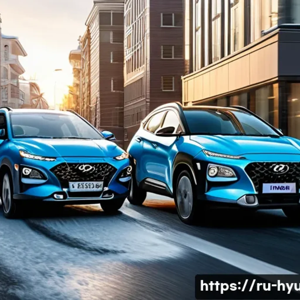 현대 아반떼와 현대 코나 연비 비교 - A dynamic urban street scene at dusk featuring two cars: a sleek, compact Hyundai Avante sedan and a...