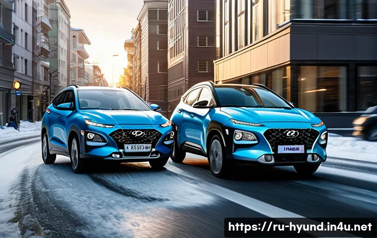 현대 아반떼와 현대 코나 연비 비교 - A dynamic urban street scene at dusk featuring two cars: a sleek, compact Hyundai Avante sedan and a...