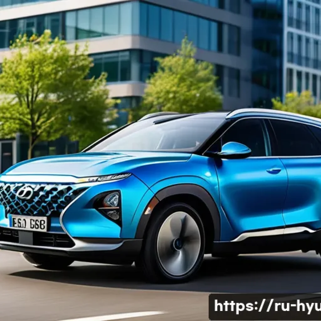 현대 넥쏘의 글로벌 시장 반응 - A sleek Hyundai Nexo hydrogen fuel cell vehicle parked on a modern European city street during dayti...