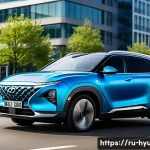 현대 넥쏘의 글로벌 시장 반응 - A sleek Hyundai Nexo hydrogen fuel cell vehicle parked on a modern European city street during dayti...