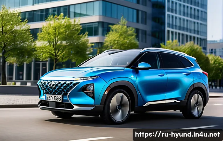 현대 넥쏘의 글로벌 시장 반응 - A sleek Hyundai Nexo hydrogen fuel cell vehicle parked on a modern European city street during dayti...