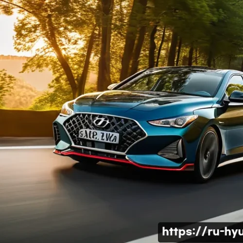 현대 아반떼 N 주행 성능 리뷰 - A sleek Hyundai Avante N sports sedan in motion on a winding mountain road during golden hour, showc...