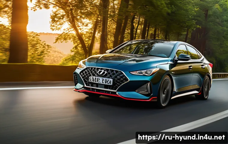 현대 아반떼 N 주행 성능 리뷰 - A sleek Hyundai Avante N sports sedan in motion on a winding mountain road during golden hour, showc...
