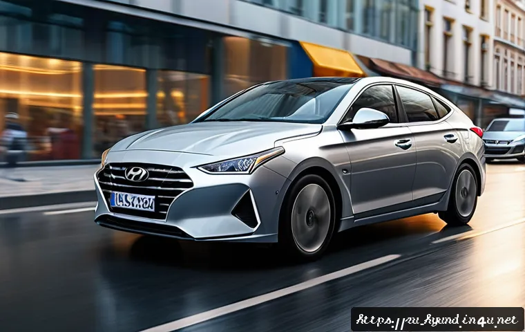 현대 아반떼와 현대 소나타의 유지비 차이 - A dynamic urban scene featuring a sleek Hyundai Avante driving through a busy city street in Russia ...