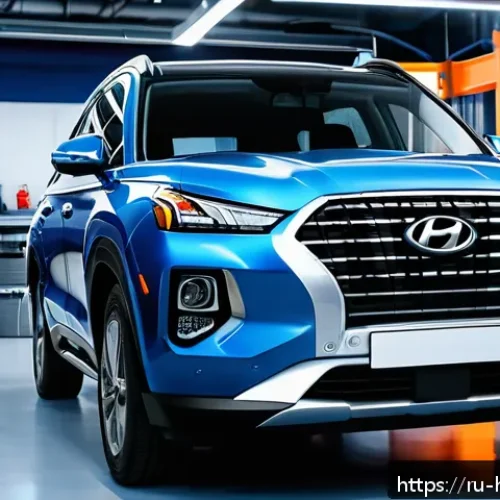 현대 팰리세이드의 유지비 계산 - A detailed, realistic scene of a Hyundai Palisade undergoing scheduled maintenance in a modern Russi...