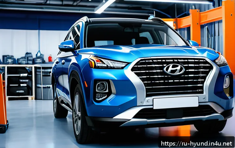현대 팰리세이드의 유지비 계산 - A detailed, realistic scene of a Hyundai Palisade undergoing scheduled maintenance in a modern Russi...