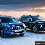 현대 팰리세이드와 닛산 패스파인더 비교 - A detailed scene of two SUVs, a Hyundai Palisade and a Nissan Pathfinder, driving on a snowy Russian...
