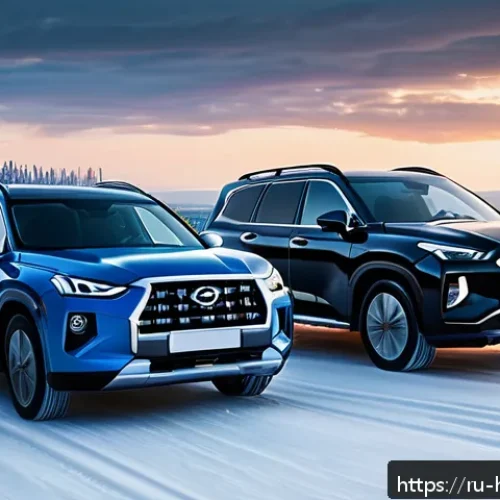현대 팰리세이드와 닛산 패스파인더 비교 - A detailed scene of two SUVs, a Hyundai Palisade and a Nissan Pathfinder, driving on a snowy Russian...