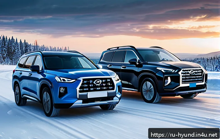 현대 팰리세이드와 닛산 패스파인더 비교 - A detailed scene of two SUVs, a Hyundai Palisade and a Nissan Pathfinder, driving on a snowy Russian...