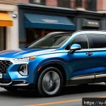 현대 싼타페의 최신 안전 기능 - A modern Hyundai Santa Fe driving confidently on a busy urban street during rush hour, showcasing ad...
