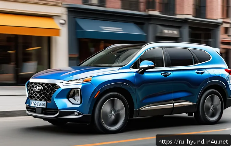 현대 싼타페의 최신 안전 기능 - A modern Hyundai Santa Fe driving confidently on a busy urban street during rush hour, showcasing ad...